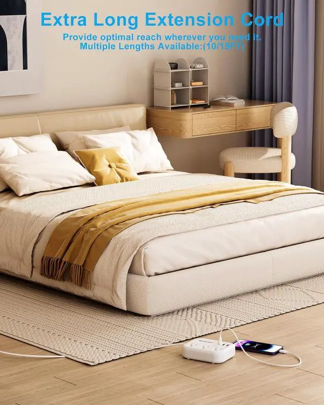 Alt view image 4 of 7 - Flat Extension Cord 5 FT Behind Furniture-Ultra Slim Cord Under Carpet, Rug, Door, Long Extension Cord with 3 USB 3 Outlets, Low Profile Power Strip for Travel Office Indoor, 1080 Joules Protected
