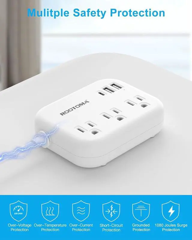 Alt view image 6 of 7 - Flat Extension Cord 5 FT Behind Furniture-Ultra Slim Cord Under Carpet, Rug, Door, Long Extension Cord with 3 USB 3 Outlets, Low Profile Power Strip for Travel Office Indoor, 1080 Joules Protected