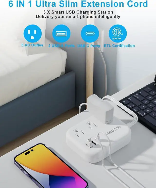 Alt view image 7 of 7 - Flat Extension Cord 5 FT Behind Furniture-Ultra Slim Cord Under Carpet, Rug, Door, Long Extension Cord with 3 USB 3 Outlets, Low Profile Power Strip for Travel Office Indoor, 1080 Joules Protected