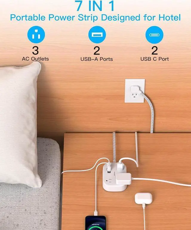Alt view image 2 of 7 - Cruise Ship Essentials, Travel Power Strip with USB C, Flat Plug Extension Cord 10 FT with 3 Outlets 4 USB Ports(2 USB C), Desk Wall Outlet Extender, Non Surge Protector for Cruise, Dorm Room, ETL