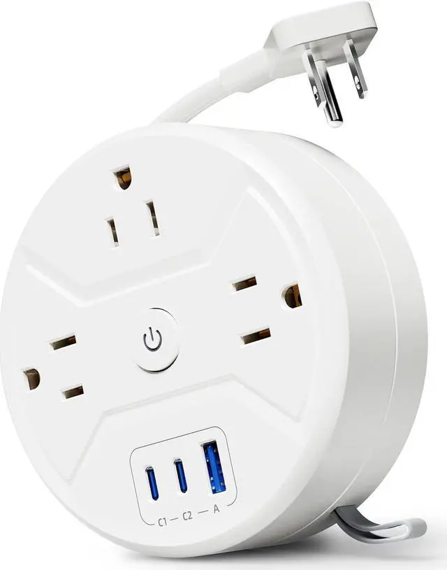 Main image of PD 20W C Travel Power Strip, SUPERDANNY 5ft Retractable Extension Cord Fast Charging Station, Portable 3-AC & 3-USB Flat Plug Extension Cord for Home Office, Business Travel, Trip, Cruise, White