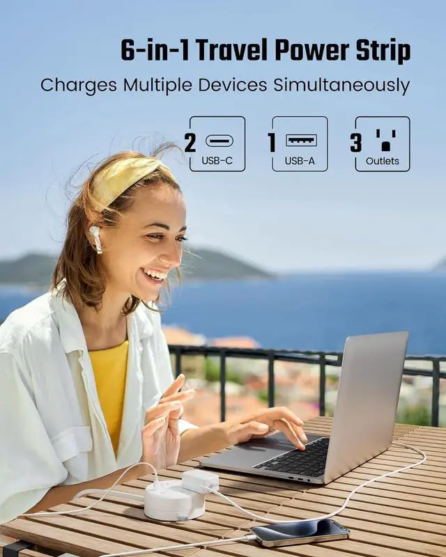 Alt view image 2 of 7 - PD 20W C Travel Power Strip, SUPERDANNY 5ft Retractable Extension Cord Fast Charging Station, Portable 3-AC & 3-USB Flat Plug Extension Cord for Home Office, Business Travel, Trip, Cruise, White