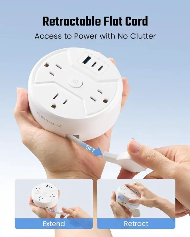 Alt view image 4 of 7 - PD 20W C Travel Power Strip, SUPERDANNY 5ft Retractable Extension Cord Fast Charging Station, Portable 3-AC & 3-USB Flat Plug Extension Cord for Home Office, Business Travel, Trip, Cruise, White