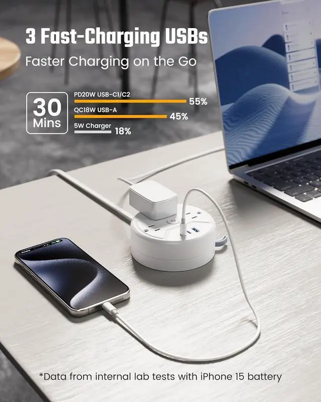 Alt view image 5 of 7 - PD 20W C Travel Power Strip, SUPERDANNY 5ft Retractable Extension Cord Fast Charging Station, Portable 3-AC & 3-USB Flat Plug Extension Cord for Home Office, Business Travel, Trip, Cruise, White