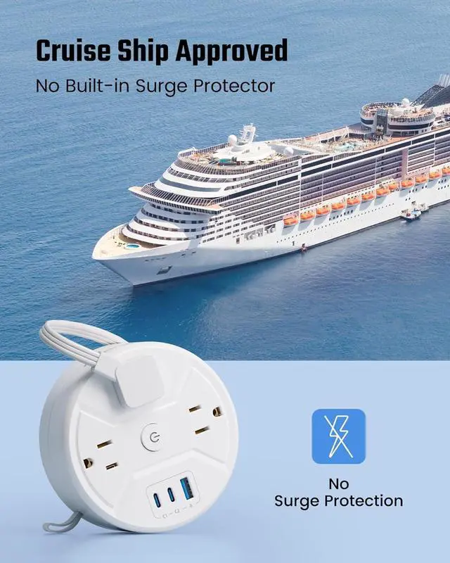 Alt view image 6 of 7 - PD 20W C Travel Power Strip, SUPERDANNY 5ft Retractable Extension Cord Fast Charging Station, Portable 3-AC & 3-USB Flat Plug Extension Cord for Home Office, Business Travel, Trip, Cruise, White
