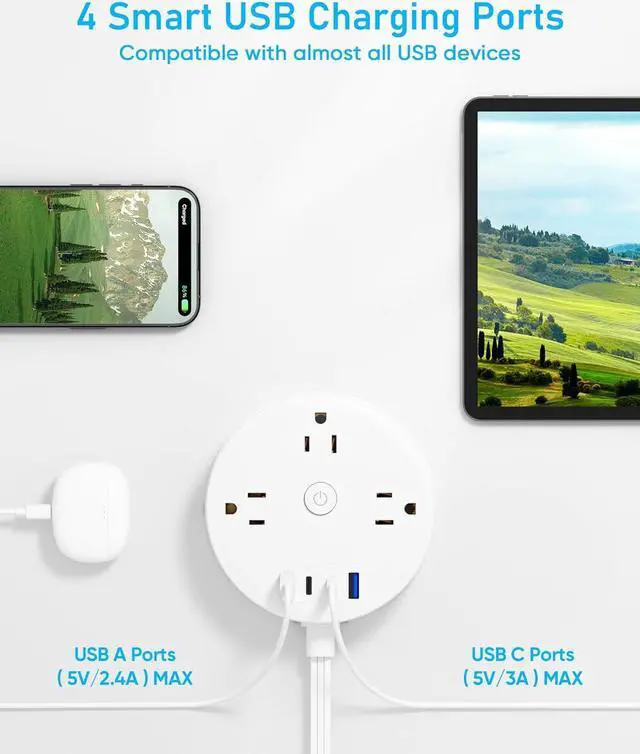 Alt view image 5 of 5 - 10FT 2 Prong Power Strip, Yozisital 2 Prong to 3 Prong Outlet Adapter, Flat Extension Cord, Surge Protector with Rotating Plug, 6 Outlets 4 USB(2 USB C), Wall Mount, Ideal for Non-Grounded Outlets