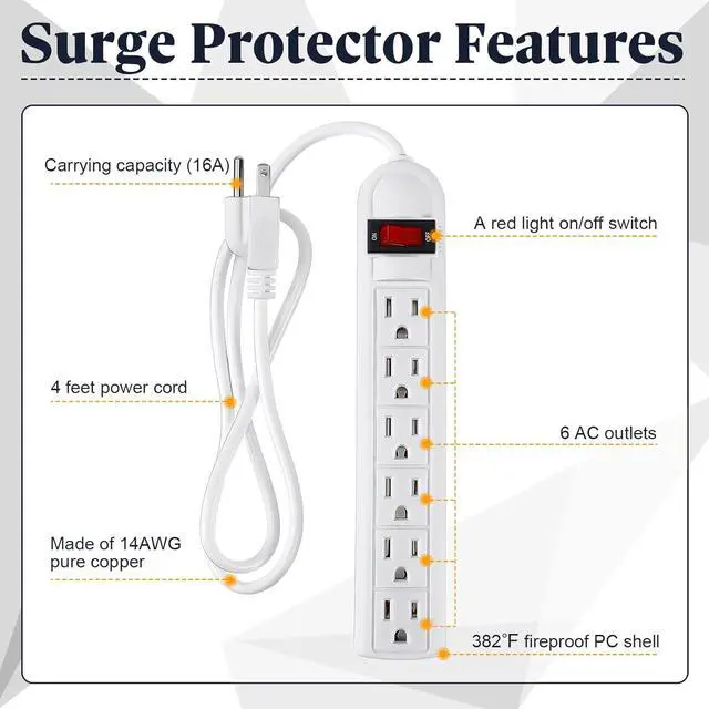 Alt view image 2 of 7 - 3 Pack 6 Outlet Power Strip Surge Protector 4 ft Flat Plug Surge Protector Profile Flat Plug Overload Power Strip Protection for Home Office(White)