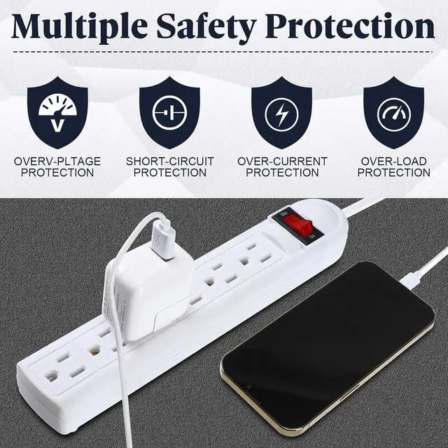 Alt view image 3 of 7 - 3 Pack 6 Outlet Power Strip Surge Protector 4 ft Flat Plug Surge Protector Profile Flat Plug Overload Power Strip Protection for Home Office(White)