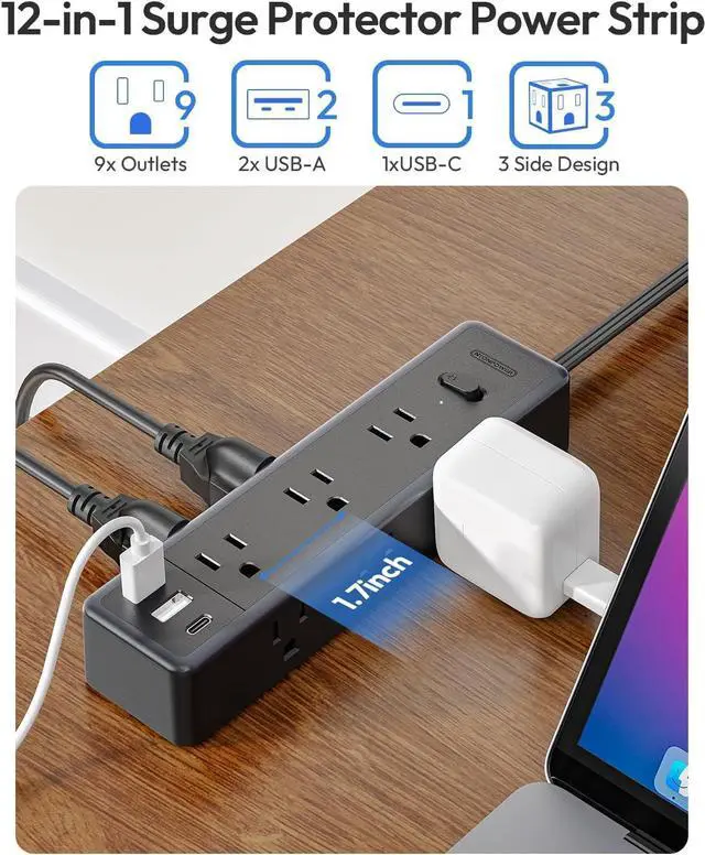 Alt view image 3 of 7 - Flat Extension Cord 15 FTSurge Protector Power Strip with 9 Widely Outlets and 3 USB Ports (1 USB-C), Flat Extension Cord with Multiple Outlets, 1080 Joule, Wall Mount, for Home Office, Dorm,Black