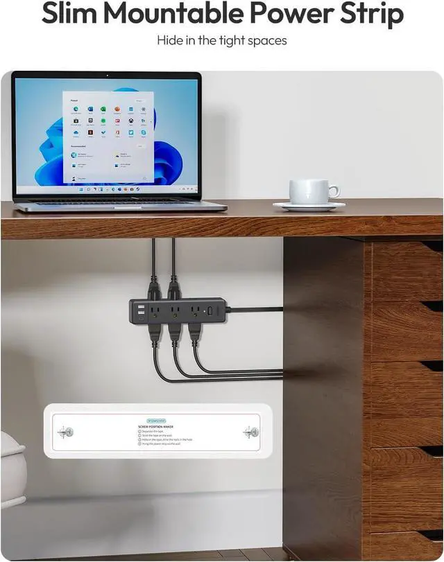 Alt view image 7 of 7 - Flat Extension Cord 15 FTSurge Protector Power Strip with 9 Widely Outlets and 3 USB Ports (1 USB-C), Flat Extension Cord with Multiple Outlets, 1080 Joule, Wall Mount, for Home Office, Dorm,Black