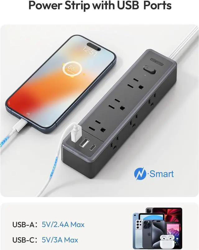 Alt view image 5 of 7 - Flat Extension Cord 15 FTSurge Protector Power Strip with 9 Widely Outlets and 3 USB Ports (1 USB-C), Flat Extension Cord with Multiple Outlets, 1080 Joule, Wall Mount, for Home Office, Dorm,Black