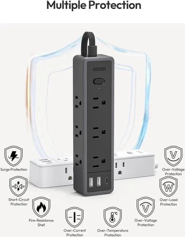Alt view image 7 of 7 - Flat Extension Cord 15 FTSurge Protector Power Strip with 9 Widely Outlets and 3 USB Ports (1 USB-C), Flat Extension Cord with Multiple Outlets, 1080 Joule, Wall Mount, for Home Office, Dorm,Black
