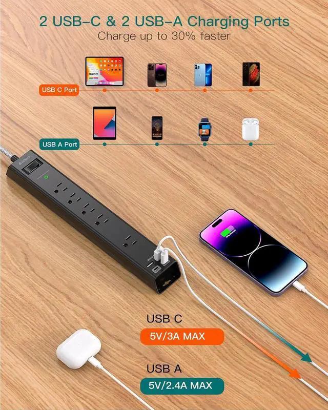 Alt view image 3 of 7 - 2 Pack Power Strip Surge Protector - 6Ft Extension Cord with 5 Widely Outlets 4 USB (2 USB C) Port, 1875W/15A, Wall Mount, Flat Plug, Desk Charging Station for Home Office College Dorm Room Essentials