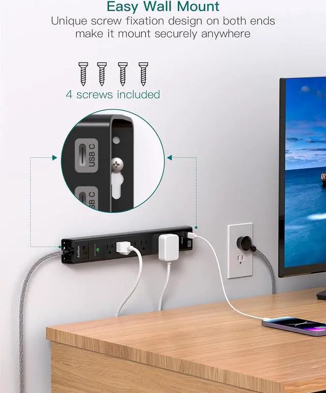 Alt view image 5 of 7 - 2 Pack Power Strip Surge Protector - 6Ft Extension Cord with 5 Widely Outlets 4 USB (2 USB C) Port, 1875W/15A, Wall Mount, Flat Plug, Desk Charging Station for Home Office College Dorm Room Essentials