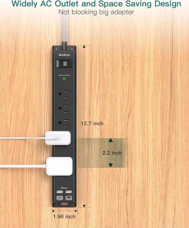 Alt view image 7 of 7 - 2 Pack Power Strip Surge Protector - 6Ft Extension Cord with 5 Widely Outlets 4 USB (2 USB C) Port, 1875W/15A, Wall Mount, Flat Plug, Desk Charging Station for Home Office College Dorm Room Essentials