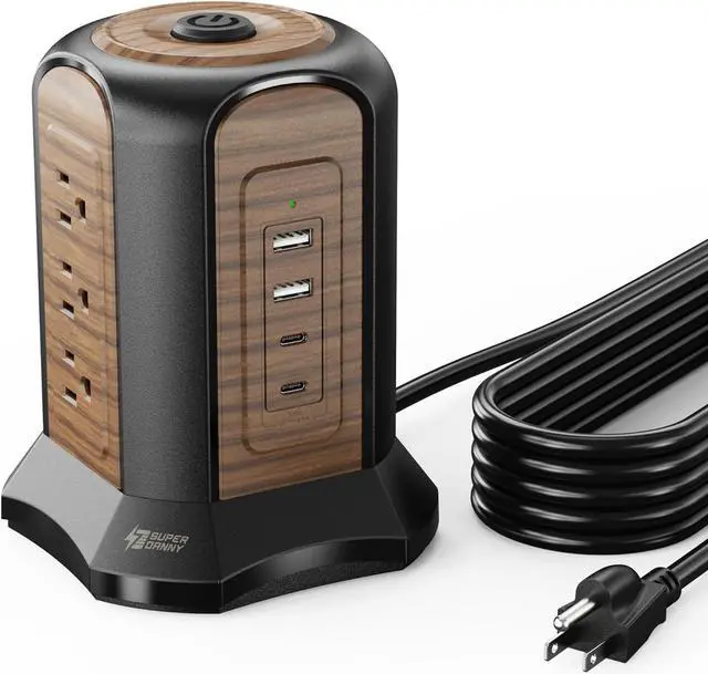 Main image of SUPERDANNY Power Strip Tower Surge Protector, 10 Ft Extension Cord with Multiple Outlets, 9 Outlets, 4 USB Ports (2 USB C), 1080 Joules, 3-Prong, Grounded, Charging Station for Home, Office, Brown