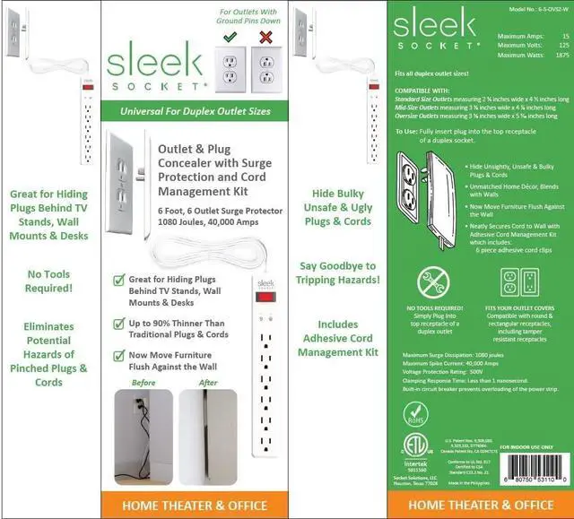 Alt view image 6 of 6 - Sleek Socket Original & Patented Ultra-Thin Outlet Concealer with Cord Concealer Kit, Flat Extension Cord with Multi Outlets Surge Protector Power Strip, Ideal for Home Office and Home Theater