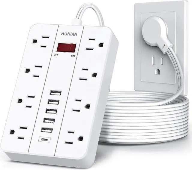 Main image of 10 Ft Long Extension Cord,Power Strip Surge Protector HUNIAN Flat Plug with 8 Widely Spaced Outlets 6 USB(1 USB C Port), Wall Mount Charging Station for Home and Office,White