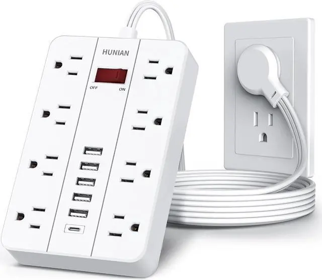 Main image of Power Strip with USB, Flat Plug Extension Cord Surge Protector 5 Ft, HUNIAN Power Strip with 8 Widely Spaced Outlets 6 USB Charger (1 USB C Port), Desk Charging Station for Home Office, White