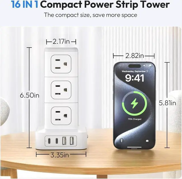Alt view image 2 of 7 - NTONPOWER Surge Protector Power Strip Tower, 1080J Surge Protector Tower, 12 AC Outlets 4 USB Ports (2 USB C), 1625W / 13A Overload Protection, 5ft Extension Cord Tower Surge Protector for Office Home