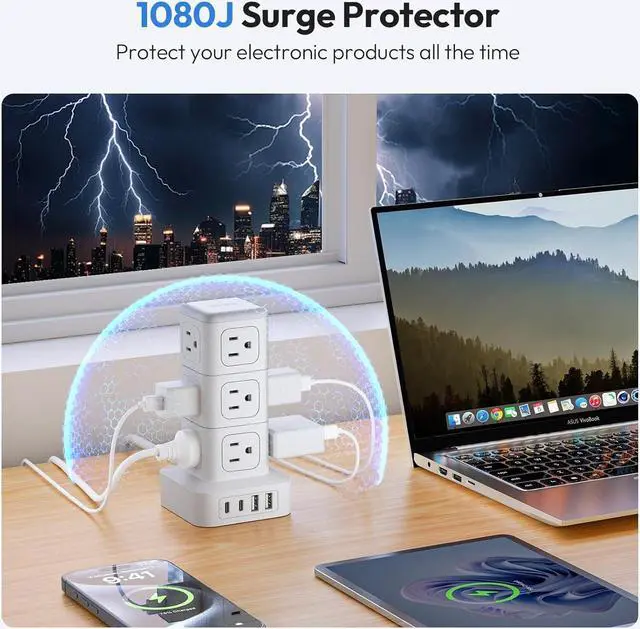 Alt view image 3 of 7 - NTONPOWER Surge Protector Power Strip Tower, 1080J Surge Protector Tower, 12 AC Outlets 4 USB Ports (2 USB C), 1625W / 13A Overload Protection, 5ft Extension Cord Tower Surge Protector for Office Home