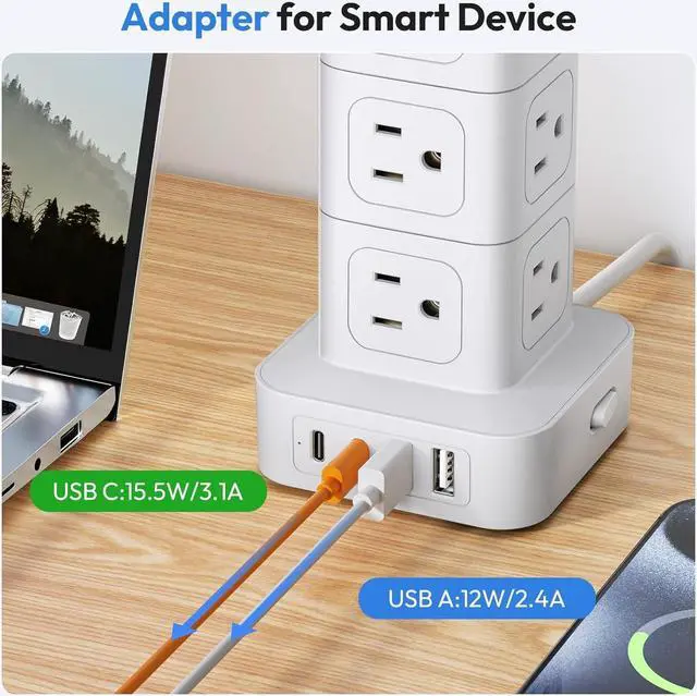 Alt view image 4 of 7 - NTONPOWER Surge Protector Power Strip Tower, 1080J Surge Protector Tower, 12 AC Outlets 4 USB Ports (2 USB C), 1625W / 13A Overload Protection, 5ft Extension Cord Tower Surge Protector for Office Home