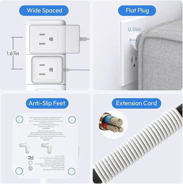 Alt view image 5 of 7 - NTONPOWER Surge Protector Power Strip Tower, 1080J Surge Protector Tower, 12 AC Outlets 4 USB Ports (2 USB C), 1625W / 13A Overload Protection, 5ft Extension Cord Tower Surge Protector for Office Home