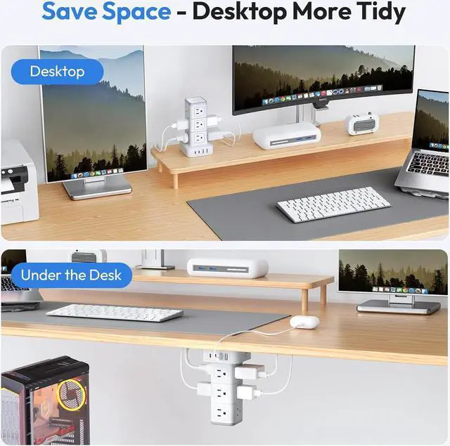 Alt view image 6 of 7 - NTONPOWER Surge Protector Power Strip Tower, 1080J Surge Protector Tower, 12 AC Outlets 4 USB Ports (2 USB C), 1625W / 13A Overload Protection, 5ft Extension Cord Tower Surge Protector for Office Home