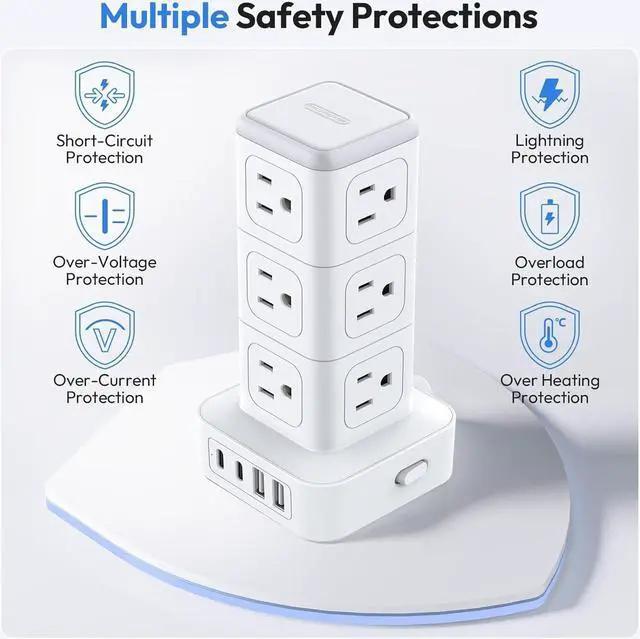 Alt view image 7 of 7 - NTONPOWER Surge Protector Power Strip Tower, 1080J Surge Protector Tower, 12 AC Outlets 4 USB Ports (2 USB C), 1625W / 13A Overload Protection, 5ft Extension Cord Tower Surge Protector for Office Home