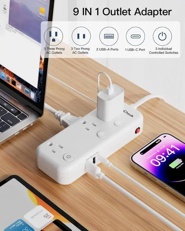 Alt view image 2 of 7 - 2 Prong Power Strip, 2 Prong to 3 Prong Outlet Adapter, 2 Prong Extension Cord with USB-C, 6 Outlets & 3 USB, 3 Prong Adapter 5ft, for Polarized Two Prong Outlet, Wall Mount, Non-Grounded, Old House
