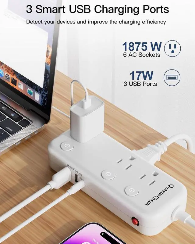 Alt view image 3 of 7 - 2 Prong Power Strip, 2 Prong to 3 Prong Outlet Adapter, 2 Prong Extension Cord with USB-C, 6 Outlets & 3 USB, 3 Prong Adapter 5ft, for Polarized Two Prong Outlet, Wall Mount, Non-Grounded, Old House