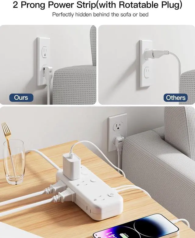 Alt view image 4 of 7 - 2 Prong Power Strip, 2 Prong to 3 Prong Outlet Adapter, 2 Prong Extension Cord with USB-C, 6 Outlets & 3 USB, 3 Prong Adapter 5ft, for Polarized Two Prong Outlet, Wall Mount, Non-Grounded, Old House