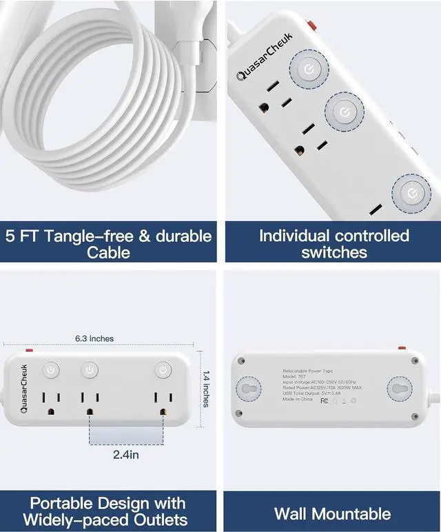 Alt view image 5 of 7 - 2 Prong Power Strip, 2 Prong to 3 Prong Outlet Adapter, 2 Prong Extension Cord with USB-C, 6 Outlets & 3 USB, 3 Prong Adapter 5ft, for Polarized Two Prong Outlet, Wall Mount, Non-Grounded, Old House