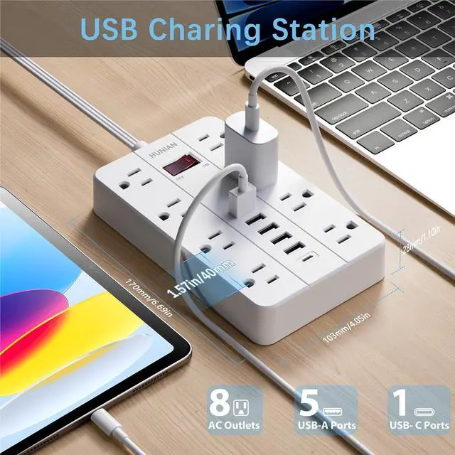 Alt view image 2 of 7 - Power Strip with USB, Flat Plug Extension Cord Surge Protector 5 Ft, HUNIAN Power Strip with 8 Widely Spaced Outlets 6 USB Charger (1 USB C Port), Desk Charging Station for Home Office, White