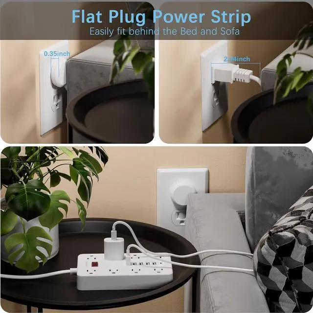Alt view image 3 of 7 - Power Strip with USB, Flat Plug Extension Cord Surge Protector 5 Ft, HUNIAN Power Strip with 8 Widely Spaced Outlets 6 USB Charger (1 USB C Port), Desk Charging Station for Home Office, White
