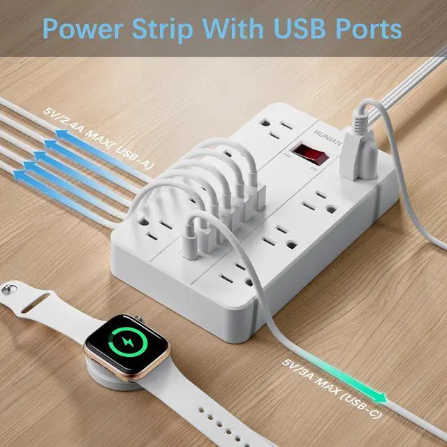 Alt view image 4 of 7 - Power Strip with USB, Flat Plug Extension Cord Surge Protector 5 Ft, HUNIAN Power Strip with 8 Widely Spaced Outlets 6 USB Charger (1 USB C Port), Desk Charging Station for Home Office, White