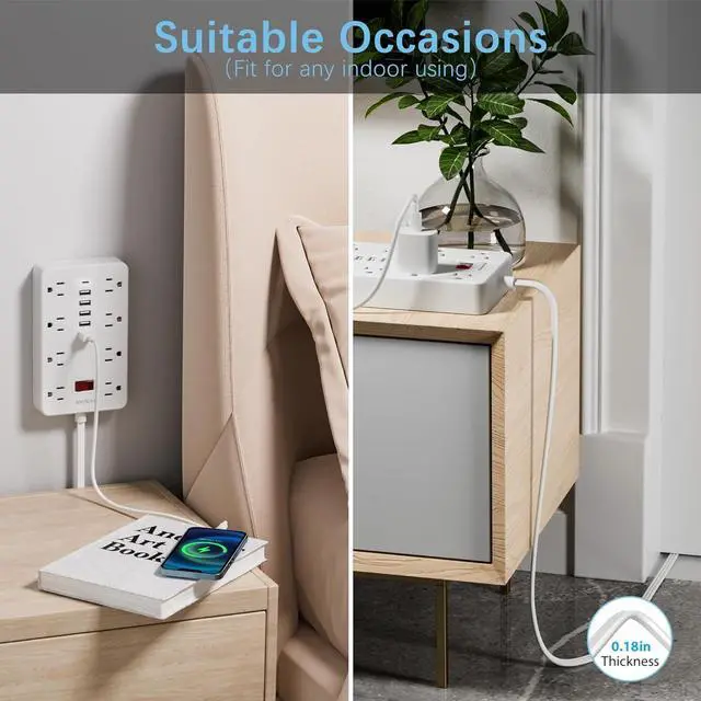 Alt view image 5 of 7 - Power Strip with USB, Flat Plug Extension Cord Surge Protector 5 Ft, HUNIAN Power Strip with 8 Widely Spaced Outlets 6 USB Charger (1 USB C Port), Desk Charging Station for Home Office, White