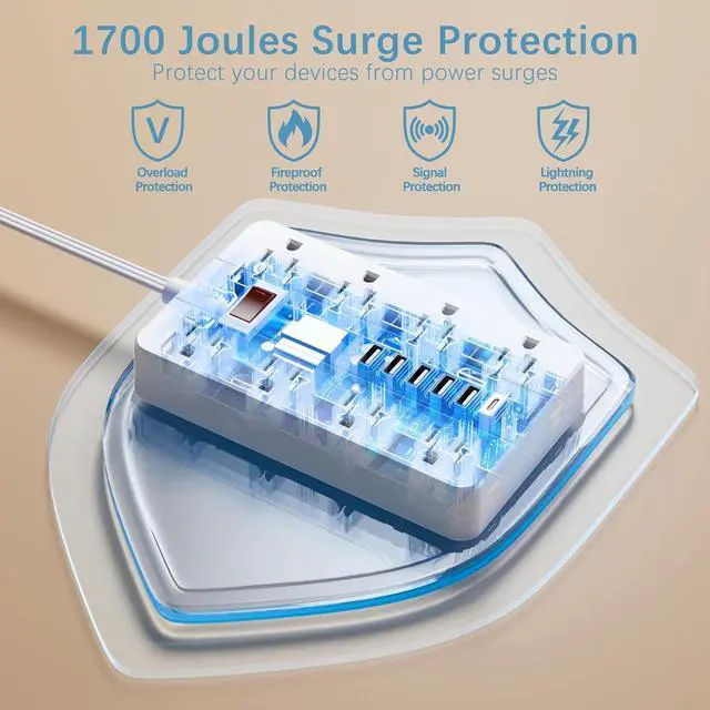 Alt view image 6 of 7 - Power Strip with USB, Flat Plug Extension Cord Surge Protector 5 Ft, HUNIAN Power Strip with 8 Widely Spaced Outlets 6 USB Charger (1 USB C Port), Desk Charging Station for Home Office, White