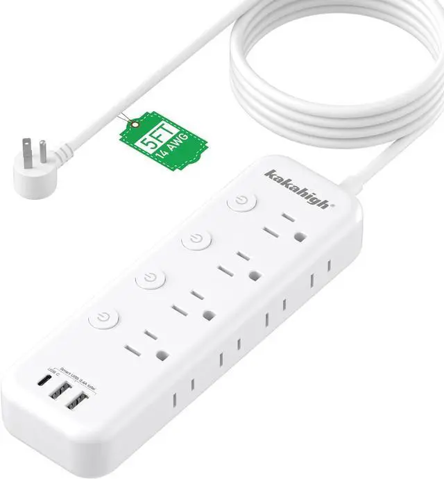 Main image of Appliance Extension Cord with Individual Switches on Off - 5 FT, 14 Gauge Heavy Duty Extension Cord with USB Ports, 8 outlets, High Wattage for Microwave, Workbench, Kitchen, Garage Must Have