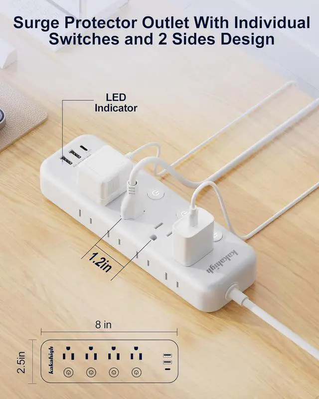 Alt view image 3 of 7 - Appliance Extension Cord with Individual Switches on Off - 5 FT, 14 Gauge Heavy Duty Extension Cord with USB Ports, 8 outlets, High Wattage for Microwave, Workbench, Kitchen, Garage Must Have