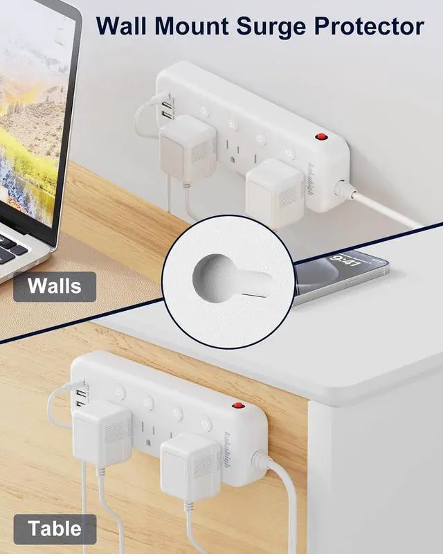 Alt view image 4 of 7 - Appliance Extension Cord with Individual Switches on Off - 5 FT, 14 Gauge Heavy Duty Extension Cord with USB Ports, 8 outlets, High Wattage for Microwave, Workbench, Kitchen, Garage Must Have