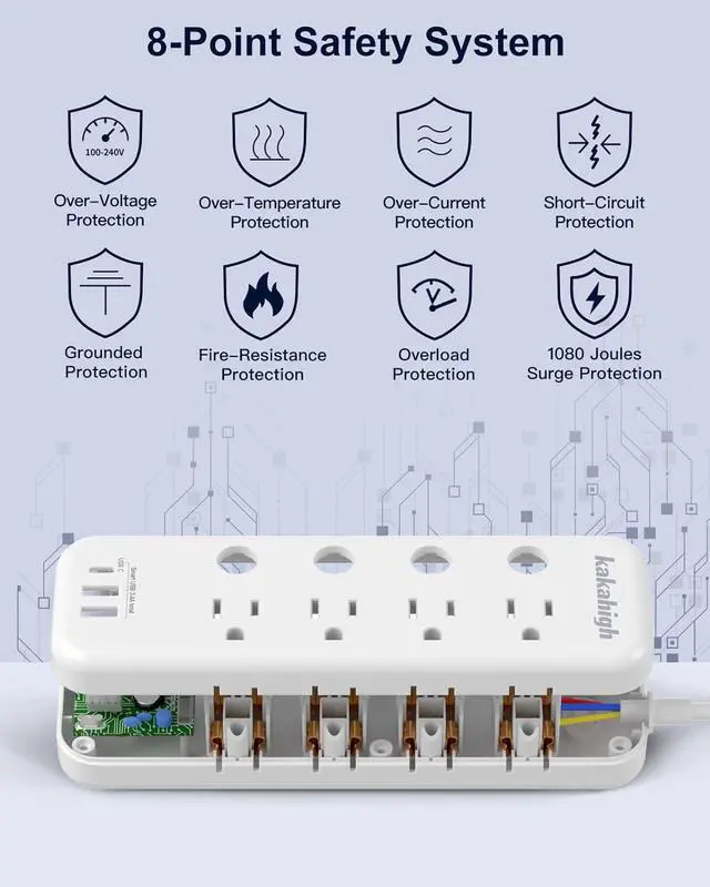 Alt view image 6 of 7 - Appliance Extension Cord with Individual Switches on Off - 5 FT, 14 Gauge Heavy Duty Extension Cord with USB Ports, 8 outlets, High Wattage for Microwave, Workbench, Kitchen, Garage Must Have