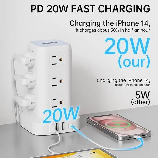 Alt view image 2 of 7 - PD20W Power Strip Tower Surge Protector Power Strip with USB 12 Outlets with 4 USB Ports (1 USB C), Flat Plug 10FT Extension Cord Multi Plug Outlet Extender Overload Protection for Home Office