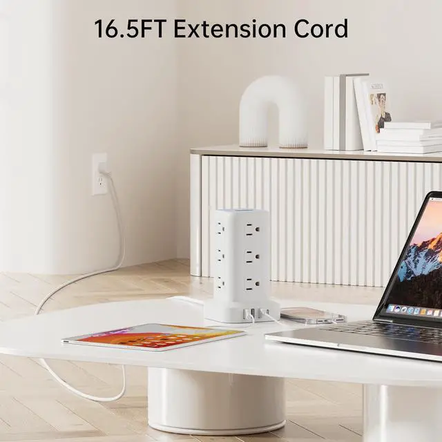 Alt view image 3 of 7 - PD20W Power Strip Tower Surge Protector,16.5FT Extension Cord,Power Strip with USB 12 Outlets with 4 USB Ports (1 USB C), Flat Plug Multi Plug Outlet Extender Overload Protection for Home Office