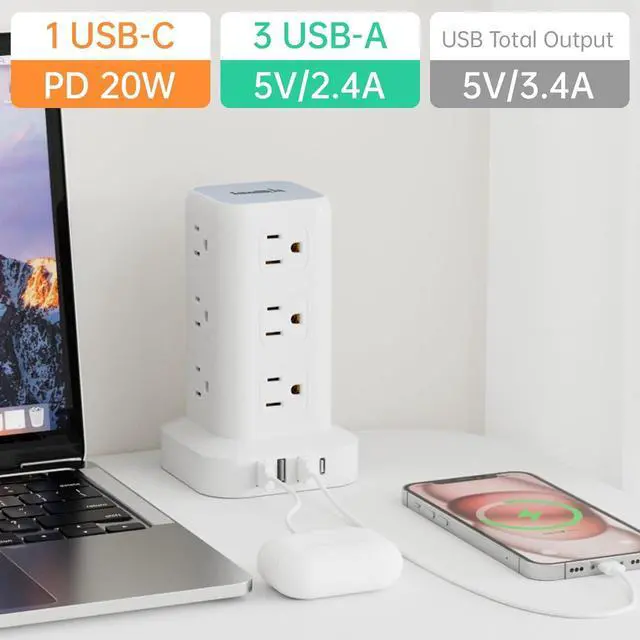 Alt view image 5 of 7 - PD20W Power Strip Tower Surge Protector Power Strip with USB 12 Outlets with 4 USB Ports (1 USB C), Flat Plug 10FT Extension Cord Multi Plug Outlet Extender Overload Protection for Home Office