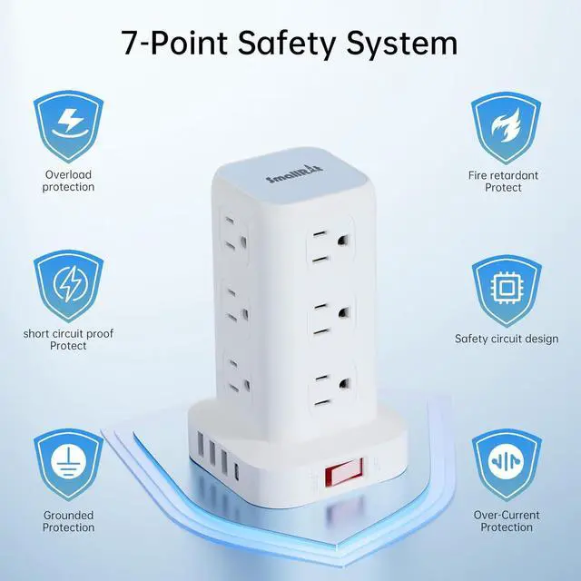 Alt view image 3 of 7 - PD20W Power Strip Tower Surge Protector Power Strip with USB 12 Outlets with 4 USB Ports (1 USB C), Flat Plug 10FT Extension Cord Multi Plug Outlet Extender Overload Protection for Home Office