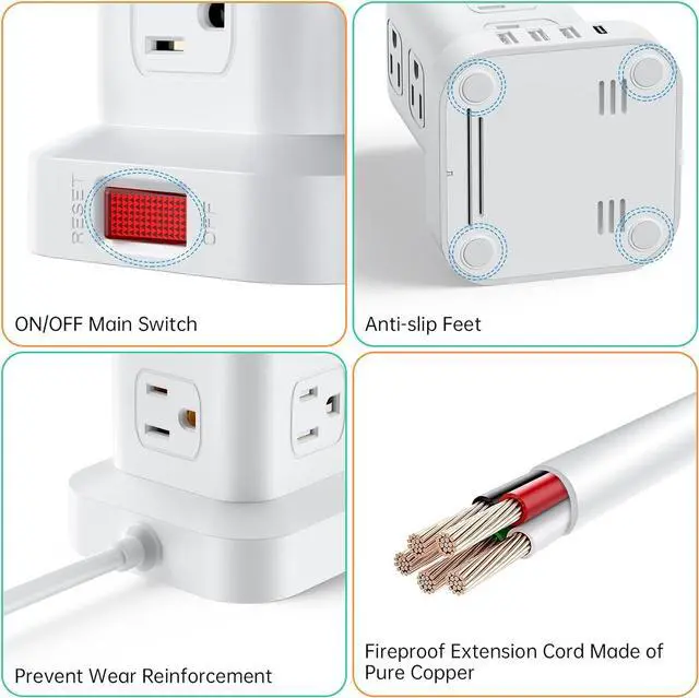 Alt view image 7 of 7 - PD20W Power Strip Tower Surge Protector Power Strip with USB 12 Outlets with 4 USB Ports (1 USB C), Flat Plug 10FT Extension Cord Multi Plug Outlet Extender Overload Protection for Home Office