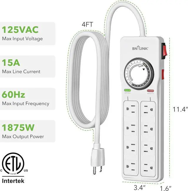 Alt view image 6 of 7 - BN-LINK 8 Outlet Surge Protector with Mechanical Timer (4 Outlets Timed, 4 Outlets Always On) - White