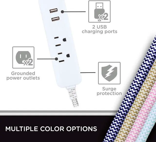 Alt view image 2 of 6 - Cordinate Surge Protector Power Strip, 2 Outlet Surge Protector, 10 Ft Braided Cord Power Strip, Surge Protector with USB Ports, 3-Prong Flat Plug Power Strip, Surge Protector Outlet, White, 41691
