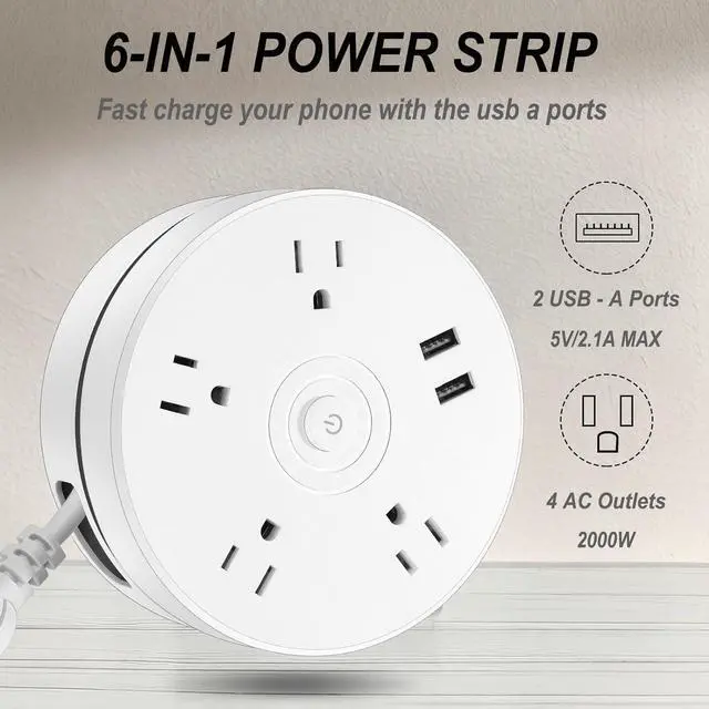 Alt view image 4 of 7 - Retractable Power Strip with 6ft Extension Cord, 4 Outlets + 2 USB Ports - Portable for Travel, Home, and Office (White)
